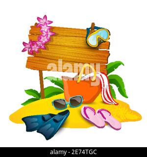 Strand und Sommer Cartoon Hintergrund mit Pantoffeln Tasche und Sand vektorgrafik Stock Vektor