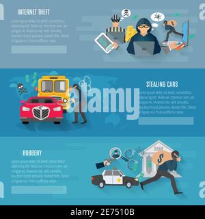 Dieb und Raub horizontale Banner mit stehlen Autos und gesetzt internet-Diebstahl flach isoliert Vektor-Illustration Stock Vektor
