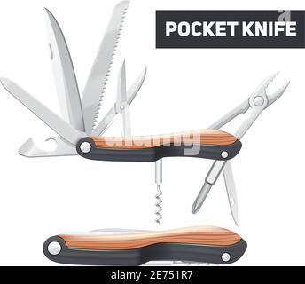 Pocket multifunktionales Messer mit Scheren Schraubendreher Öffner und Korkenzieher realistisch Vektordarstellung „Farbkonzept“ Stock Vektor