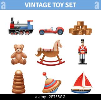 Vintage Spielzeug realistische Symbole Set mit Teddybär Schiff und Soldier isolierte Vektor-Illustration Stock Vektor