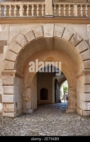 Pieskowa Skala, Polen - 16. August 2020. Eingangstor zum Schloss Pieskowa Skala. Stockfoto