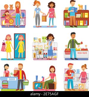 Familieneinkäufe im Kaufhaus für Schuhe, Spielzeug und Kleidung Und Lebensmittel flach Piktogramme Sammlung isolierte Vektor-Illustrationen Stock Vektor