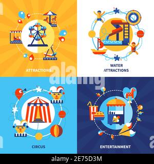 Vergnügungspark Messegelände Attraktionen und Wanderzirkus zeigen 4 flach Symbole quadratische Zusammensetzung Poster isoliert Vektor Illustration Stock Vektor