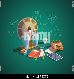Physik-Konzept mit Retro-Cartoon Wissenschaft Symbole setzen Vektor-Illustration Stock Vektor
