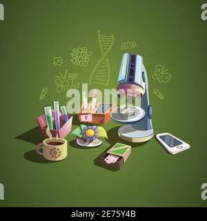 Biologie Konzept mit Retro-Wissenschaft Cartoon-Icons Set Vektor-Illustration Stock Vektor