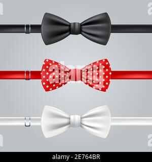 Schwarz rot gepunktet und weiße Fliege realistische Set isoliert vektorgrafik Stock Vektor