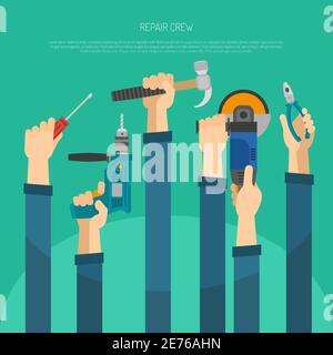 Lange Hände halten Hausarbeit und Reparatur-Tools flache Vektor-Illustration Stock Vektor