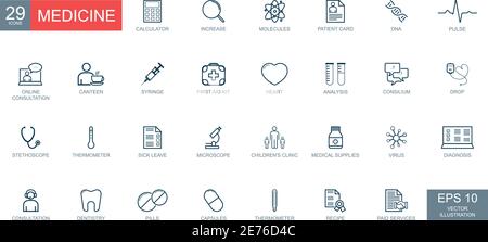 Dünne Linien Web-Symbole gesetzt. Medizin und Gesundheitssymbole. Vektorgrafik Stock Vektor