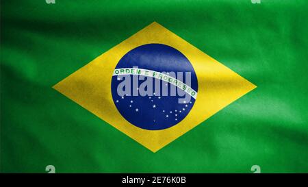 Brasilianische Flagge winkt im Wind. Nahaufnahme von Brasilien Banner weht, weiche und glatte Seide. Stoff Stoff Textur Fähnrich Hintergrund. Verwenden Sie es für nationa Stockfoto
