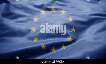 Die Flagge der Europäischen Union winkt im Wind. Nahaufnahme von Europa Banner weht, weiche und glatte Seide. Stoff Stoff Textur Fähnrich Hintergrund. Verwenden Sie es für na Stockfoto