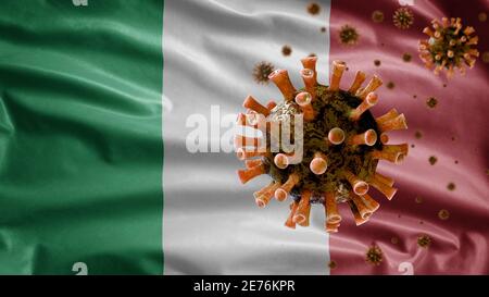 Italienische Flagge winkt mit dem Coronavirus Ausbruch infiziert Atemwege als gefährliche Grippe. Influenza-Typ Covid 19-Virus mit nationalem Italien-Verbot Stockfoto