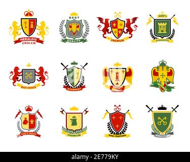 Wappensymbole mit Wappen und königlichen Symbolen Flache, isolierte Vektorgrafik Stock Vektor