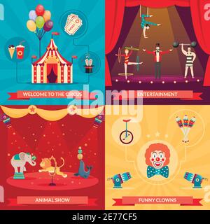 Circus Show 2x2 Design Konzept Set von lustigen Clowns Unterhaltung Und Leistung mit trainierten Tieren starken Mann und Akrobaten flachen Vektor Abbildung Stock Vektor