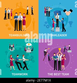 Teamwork 2x2 Design-Konzept Satz von Corporate Business Kompositionen mit Männer und Frauen flache Vektor-Illustration Stock Vektor