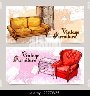Möbel horizontale Banner-Set mit Skizze Sofa und Sessel isoliert vektorgrafik Stock Vektor
