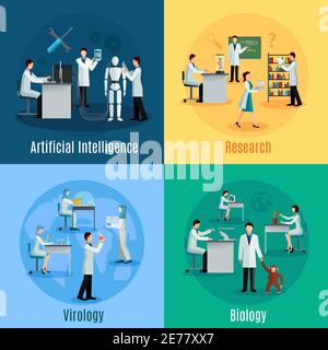 Wissenschaftler 2x2 Design-Konzept mit Forschern auf dem Gebiet der gesetzt Biologie Virologie und künstliche Intelligenz flache Vektor-Illustration Stock Vektor