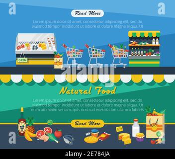 Supermarkt flach horizontale Banner mit Ladeneinrichtung und Werbung von Natürliche Lebensmittel Vektorgrafik Stock Vektor