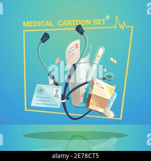 Medizinische Objekte Set mit Thermometer Pillen und Stethoskop Cartoon-Vektor Abbildung Stock Vektor