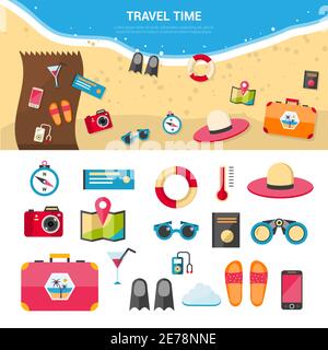 Sommerurlaub und Sea Resort Reisekonzept mit flachen Icons Isolierte Vektordarstellung festlegen Stock Vektor