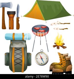 Sommerurlaub Outdoor-Camping-Ausrüstung und Zubehör Piktogramme Sammlung mit Rucksack und Lagerfeuer Kraftstoff abstrakte Vektor-Illustration Stock Vektor