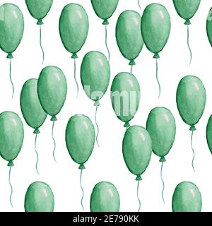 Nahtloses Aquarell handgezeichnetes Muster mit St. Patricks Day Elementen, grüne Luftballons schwebend auf weißem Hintergrund. Irish Feier Tradition Festival Parade. Geburtstagsparty dekoratives Design. Stockfoto