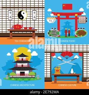 Chinesische Konzept-Ikonen mit Tee Zeremonie Architektur und Kultur gesetzt Symbole flach isolierte Vektordarstellung Stock Vektor