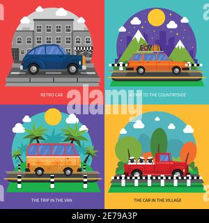 Autos Konzept-Icons mit Retro-und Dorfautos und gesetzt Trips-Symbole flach isoliert Vektor-Illustration Stock Vektor
