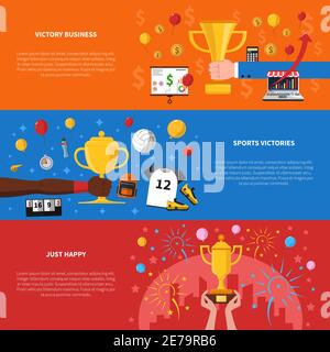 Awards horizontale Banner mit Sieg Business und Sport Siege gesetzt Symbole flach isolierte Vektordarstellung Stock Vektor
