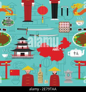 Chinesische nahtlose Muster mit nationalen Food Drinks Architektur und Waffe Symbole flache Vektordarstellung Stock Vektor
