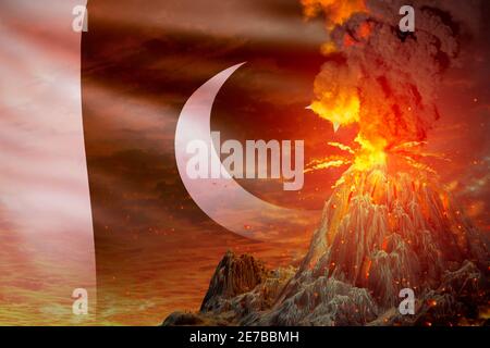 Großer Vulkan Explosion Ausbruch in der Nacht mit Explosion auf Pakistan Flagge Hintergrund, leiden an Katastrophe und Vulkanasche konzeptionelle 3D Illustration von na Stockfoto