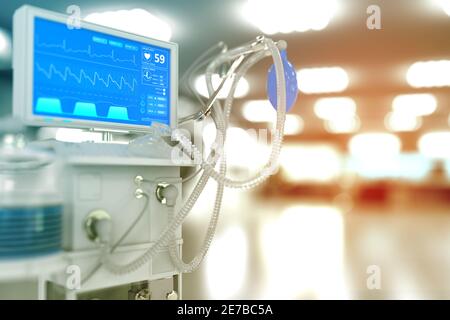 Medical 3D Illustration, ICU künstlicher Lungenventilator mit fiktivem Design in moderner Klinik mit weichem Fokus - Kampf Coronavirus Konzept Stockfoto