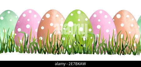 Nahtlose horizontale Hand gezeichnet Aquarell Grenze mit Gras Ostern Urlaub orange grüne Minze und rosa Polka dot Eier. Eco Natural Bio ökologische Illustration für die Feier. Lebendige helle Klingen von Gras Wiese Pflanzen. Stockfoto