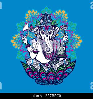 Hindu-gott Ganesha mit reich verzierten farbigen Mandala auf Hintergrund Hand Gezeichnete Vektordarstellung Stock Vektor