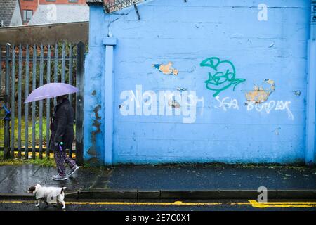 Graffiti an der Grenze zur Irischen See an der Donegal Road im Süden von Belfast, Nordirland Stockfoto