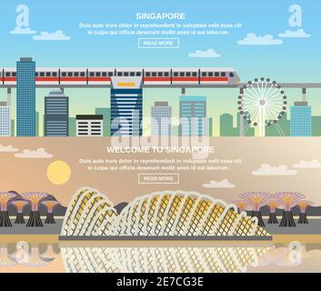 Singapur Online-Informationen für Reisende 3 flache interaktive Banner mit Stadtbild Eisenbahn und nationale Sehenswürdigkeiten Touristen Attraktionen Vektor i Stock Vektor