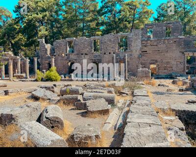 Touristenroute, Ruinen der antiken Stadt Seleucia in der Provinz Antalya, Türkei. Stockfoto