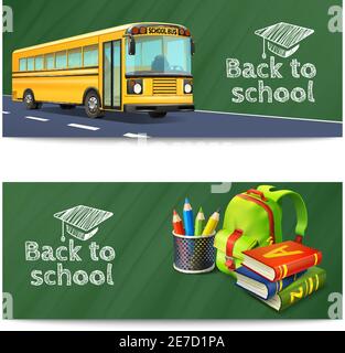 Back to School horizontale Banner Set mit Bus Rucksack und Bücher realistische isolierte Vektor-Illustration Stock Vektor