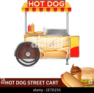 Hot Dog Street Cart mit Ketchup Mayonnaise und Senf realistisch vektorgrafik Stock Vektor