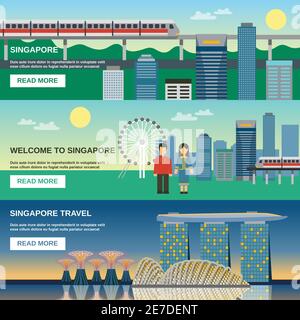 Singapur besten touristischen Attraktionen Webseite 3 flache horizontale Banner mit Nacht Stadtbild und Sightseeing-Bilder abstrakte Vektor-Illustration Stock Vektor
