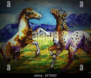 Handgemalte Original-Meisterwerke des Impressionismus Maler Kunst Ölmalerei Pferd und Pony im Zoo Stockfoto