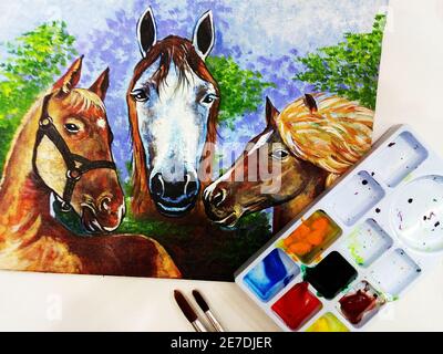 Handgemalte Original-Meisterwerke des Impressionismus Maler Kunst Ölmalerei Pferd und Pony im Zoo Stockfoto