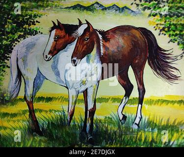 Handgemalte Original-Meisterwerke des Impressionismus Maler Kunst Ölmalerei Pferd und Pony im Zoo Stockfoto