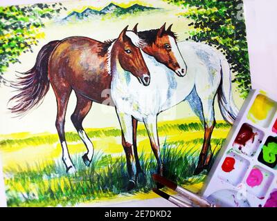 Handgemalte Original-Meisterwerke des Impressionismus Maler Kunst Ölmalerei Pferd und Pony im Zoo Stockfoto