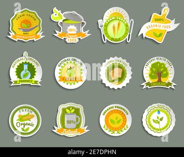 Gesunde Lebensmittel aus ökologischem Bio natürlich angebaut hohe Qualität frisch Produkte Sticker Set abstrakt isoliert Vektor Illustration Stock Vektor