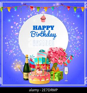 Happy Birthday Party Vorlage für Hintergrund oder Einladungskarte mit Kuchen Champagner und Dekorationen abstrakte Vektor-Illustration Stock Vektor