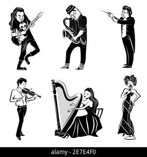 Musiker spielen Harfe Geigengitarre Saxophon und Sinfonieorchester Dirigent Schwarze Symbole setzen abstrakte isolierte Vektordarstellung Stock Vektor