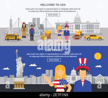 Kulturelle Reise Sightseeing USA Informationen online 2 flache Banner Design Webseite mit amerikanischen Symbolen abstrakte Vektor-Illustration Stock Vektor