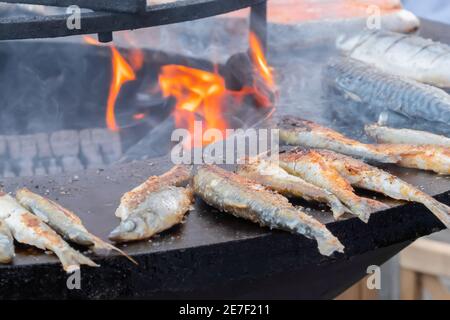 Prozess des kochens europäischer roch Fisch auf Brazier auf Food Festival: Close up Stockfoto