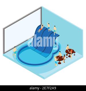 Indoor Wasserpark mit Tischen und Wasserrutschen isometrischen Vektor Abbildung Stock Vektor