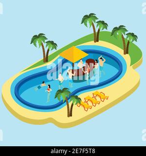Wasserpark und Freunde mit Wasserbar auf blauem Hintergrund Isometrische Vektordarstellung Stock Vektor